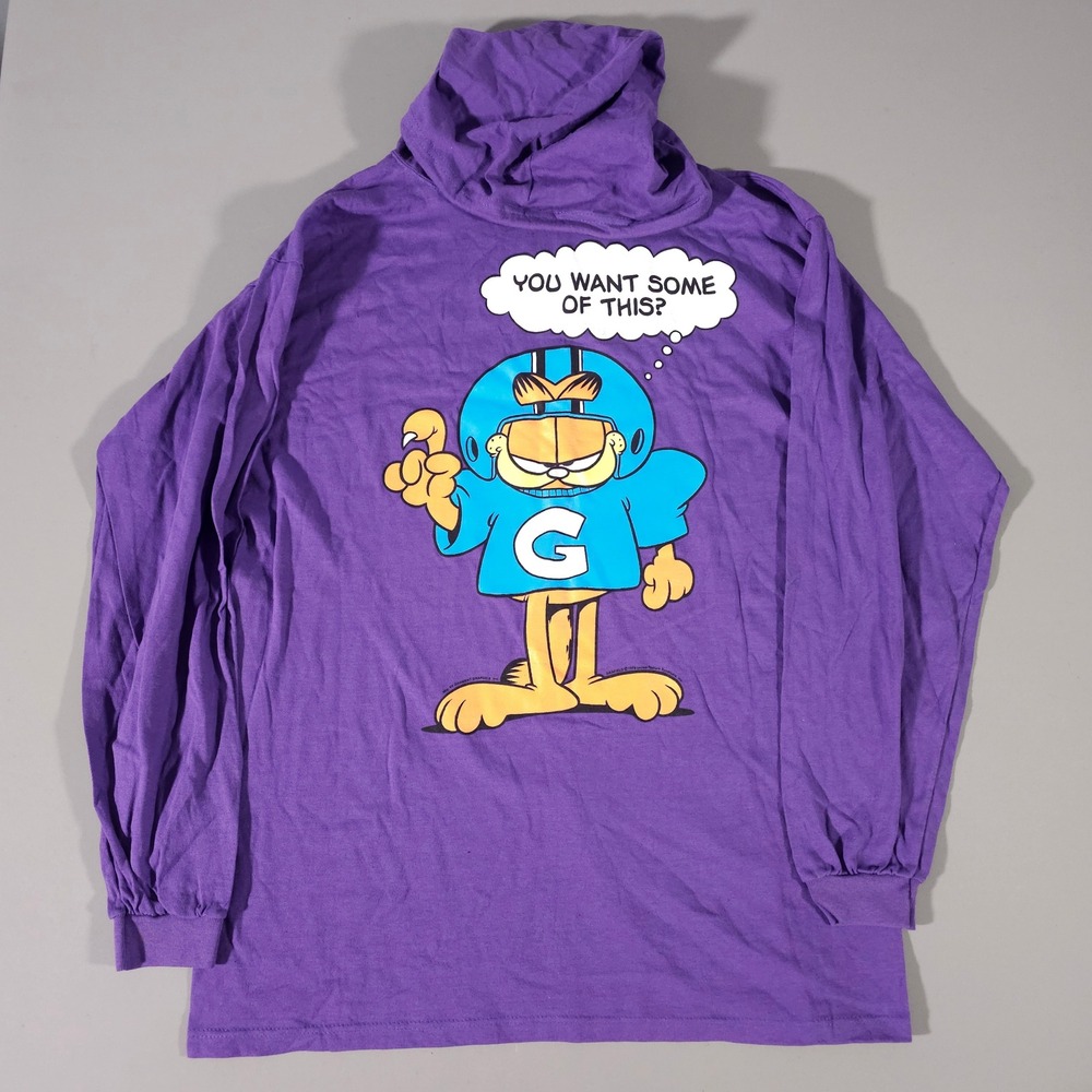 Garment Graphics Garfield Hooded Shirt Mens L Purple Long Sleeve Football Vtg